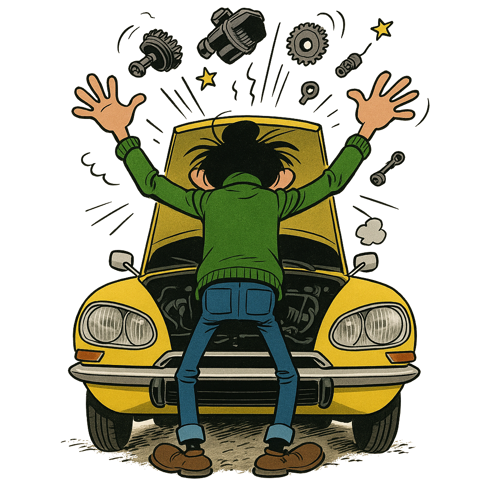 Nard die verwoed aan een Citroën DS aan het sleutelen is.